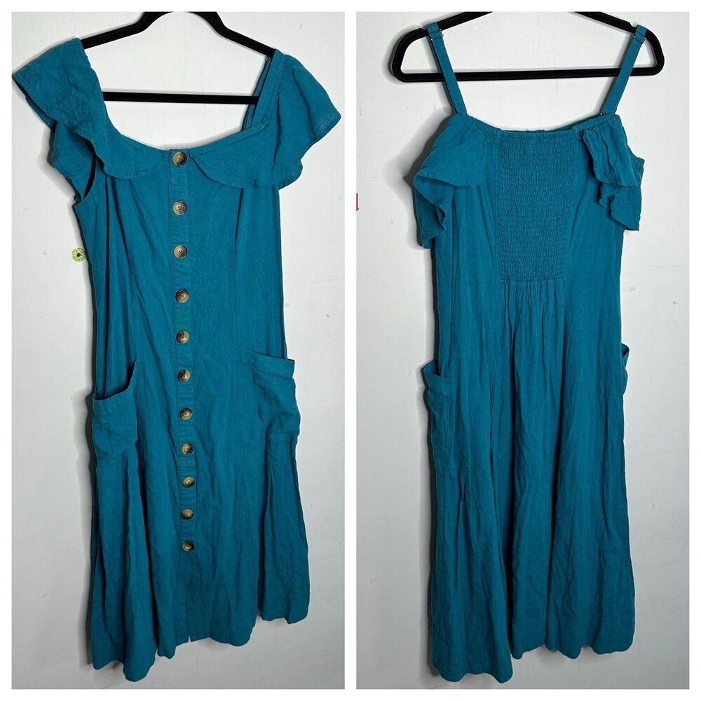 By Anthropologie Buttondown Ocean Blue Linen Blend Midi Dress Size 10